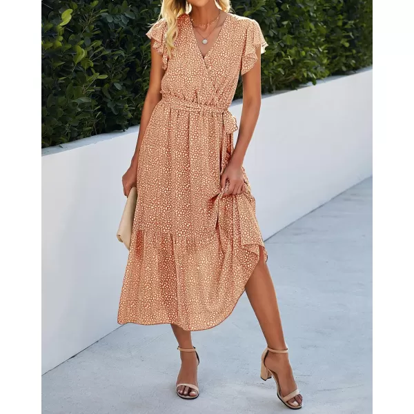 BTFBM Women Summer Bohemian Floral Casual Wrap V Neck Ruffle Cap Sleeveless Belt ALine Pleated Hem Midi Sun Dress WhiteCoffeeWhiteBrown