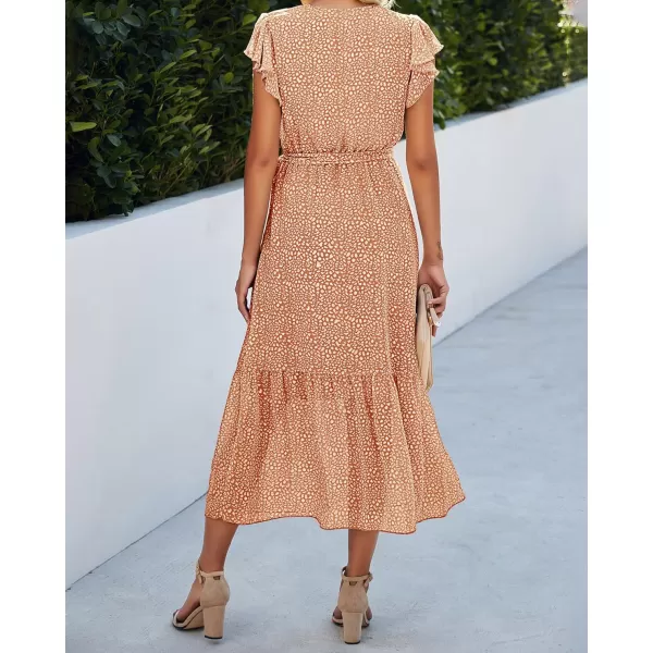 BTFBM Women Summer Bohemian Floral Casual Wrap V Neck Ruffle Cap Sleeveless Belt ALine Pleated Hem Midi Sun Dress WhiteCoffeeWhiteBrown