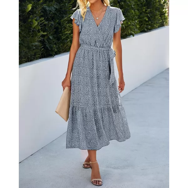 BTFBM Women Summer Bohemian Floral Casual Wrap V Neck Ruffle Cap Sleeveless Belt ALine Pleated Hem Midi Sun Dress WhiteDark Blue