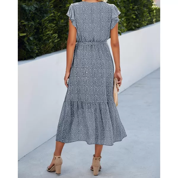 BTFBM Women Summer Bohemian Floral Casual Wrap V Neck Ruffle Cap Sleeveless Belt ALine Pleated Hem Midi Sun Dress WhiteDark Blue