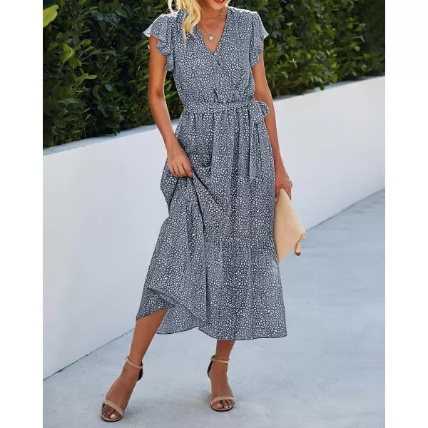 BTFBM Women Summer Bohemian Floral Casual Wrap V Neck Ruffle Cap Sleeveless Belt ALine Pleated Hem Midi Sun Dress WhiteDark Blue