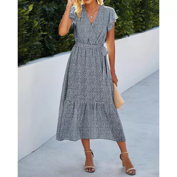 BTFBM Women Summer Bohemian Floral Casual Wrap V Neck Ruffle Cap Sleeveless Belt ALine Pleated Hem Midi Sun Dress WhiteDark Blue