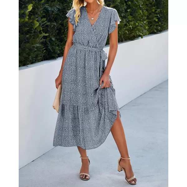 BTFBM Women Summer Bohemian Floral Casual Wrap V Neck Ruffle Cap Sleeveless Belt ALine Pleated Hem Midi Sun Dress WhiteDark Blue