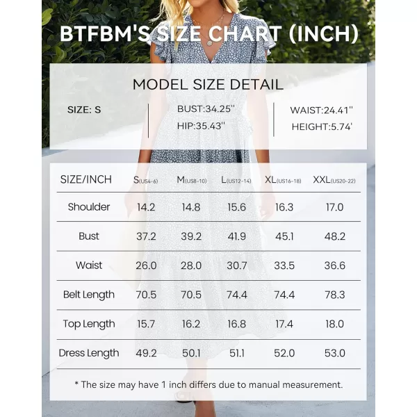 BTFBM Women Summer Bohemian Floral Casual Wrap V Neck Ruffle Cap Sleeveless Belt ALine Pleated Hem Midi Sun Dress WhiteDark Blue