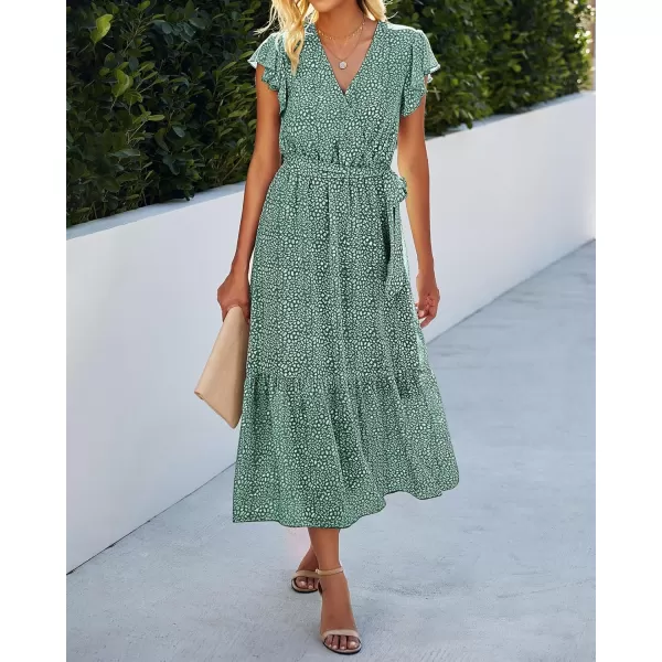 BTFBM Women Summer Bohemian Floral Casual Wrap V Neck Ruffle Cap Sleeveless Belt ALine Pleated Hem Midi Sun Dress WhiteDark Green