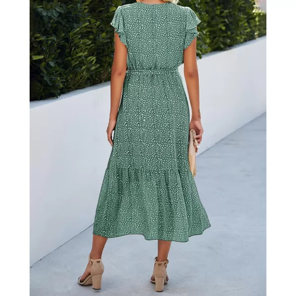 BTFBM Women Summer Bohemian Floral Casual Wrap V Neck Ruffle Cap Sleeveless Belt ALine Pleated Hem Midi Sun Dress WhiteDark Green