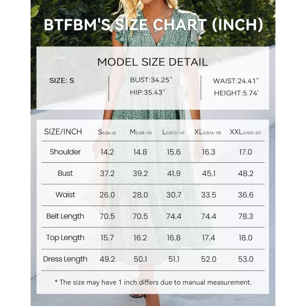 BTFBM Women Summer Bohemian Floral Casual Wrap V Neck Ruffle Cap Sleeveless Belt ALine Pleated Hem Midi Sun Dress WhiteDark Green