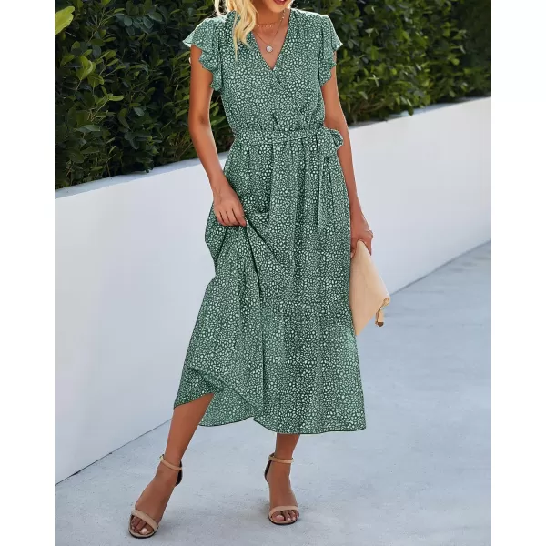 BTFBM Women Summer Bohemian Floral Casual Wrap V Neck Ruffle Cap Sleeveless Belt ALine Pleated Hem Midi Sun Dress WhiteDark Green