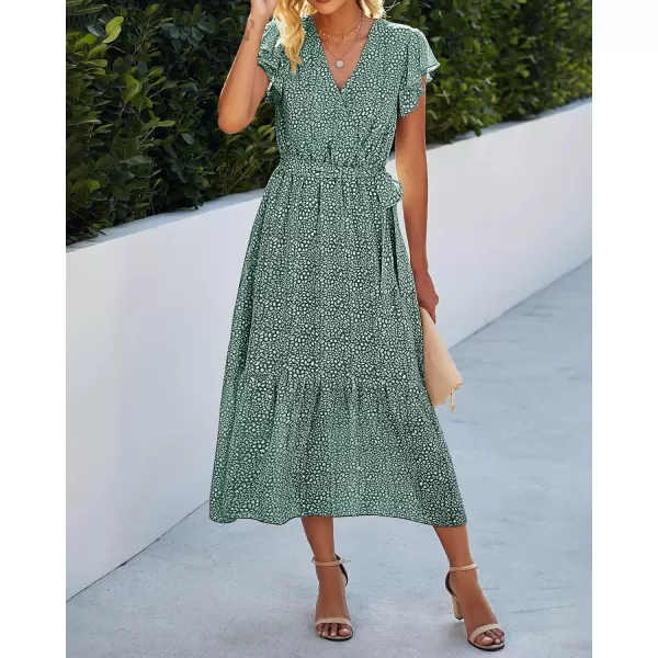BTFBM Women Summer Bohemian Floral Casual Wrap V Neck Ruffle Cap Sleeveless Belt ALine Pleated Hem Midi Sun Dress WhiteDark Green