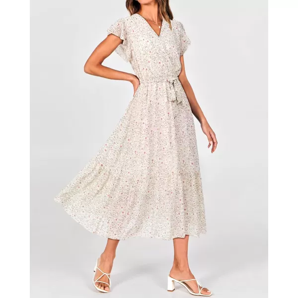 BTFBM Women Summer Bohemian Floral Casual Wrap V Neck Ruffle Cap Sleeveless Belt ALine Pleated Hem Midi Sun Dress WhiteFloral Apricot