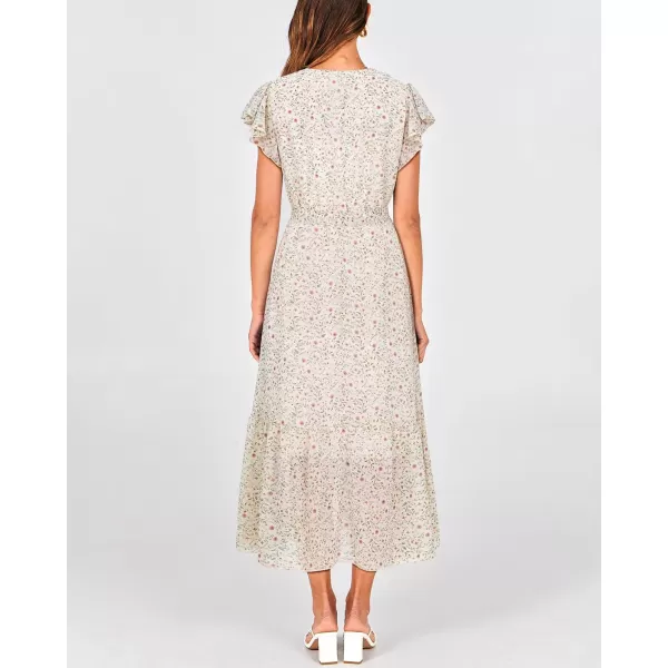 BTFBM Women Summer Bohemian Floral Casual Wrap V Neck Ruffle Cap Sleeveless Belt ALine Pleated Hem Midi Sun Dress WhiteFloral Apricot