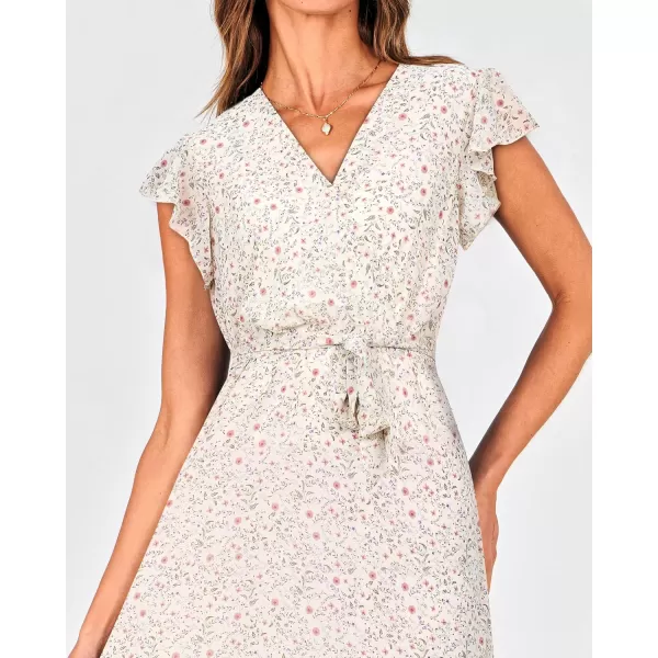 BTFBM Women Summer Bohemian Floral Casual Wrap V Neck Ruffle Cap Sleeveless Belt ALine Pleated Hem Midi Sun Dress WhiteFloral Apricot