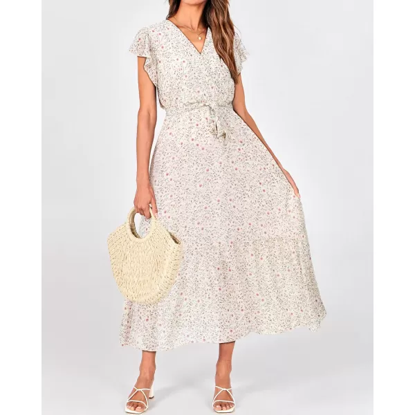 BTFBM Women Summer Bohemian Floral Casual Wrap V Neck Ruffle Cap Sleeveless Belt ALine Pleated Hem Midi Sun Dress WhiteFloral Apricot