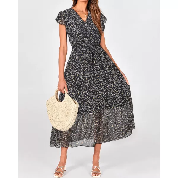 BTFBM Women Summer Bohemian Floral Casual Wrap V Neck Ruffle Cap Sleeveless Belt ALine Pleated Hem Midi Sun Dress WhiteFloral Black
