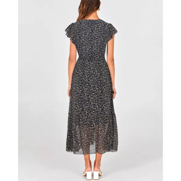 BTFBM Women Summer Bohemian Floral Casual Wrap V Neck Ruffle Cap Sleeveless Belt ALine Pleated Hem Midi Sun Dress WhiteFloral Black
