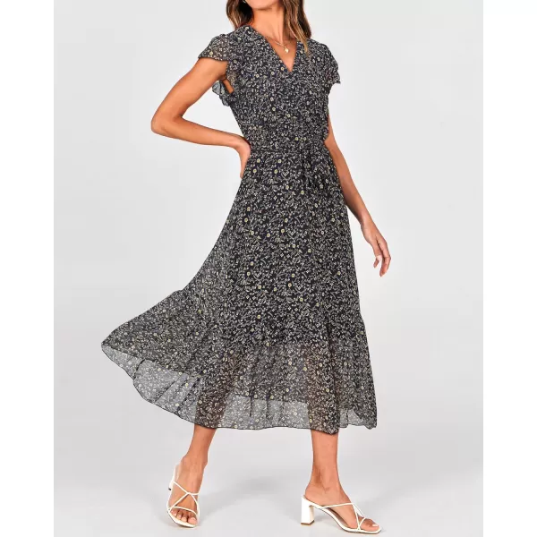 BTFBM Women Summer Bohemian Floral Casual Wrap V Neck Ruffle Cap Sleeveless Belt ALine Pleated Hem Midi Sun Dress WhiteFloral Black
