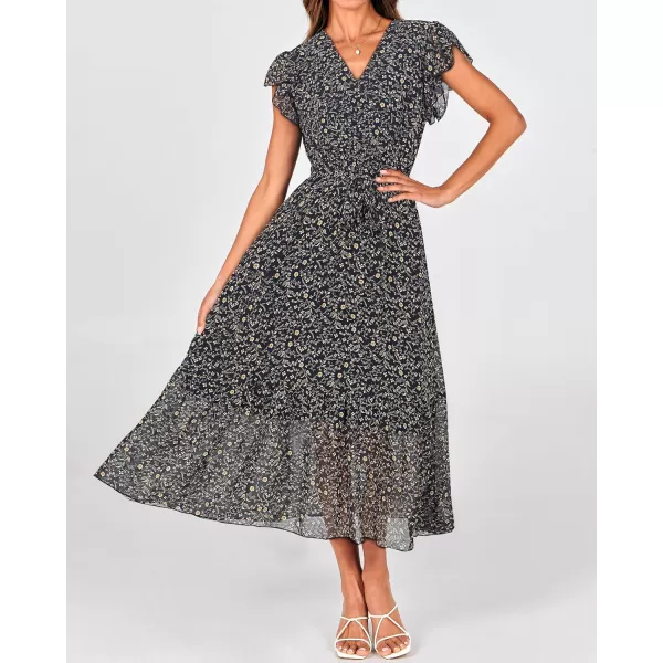 BTFBM Women Summer Bohemian Floral Casual Wrap V Neck Ruffle Cap Sleeveless Belt ALine Pleated Hem Midi Sun Dress WhiteFloral Black