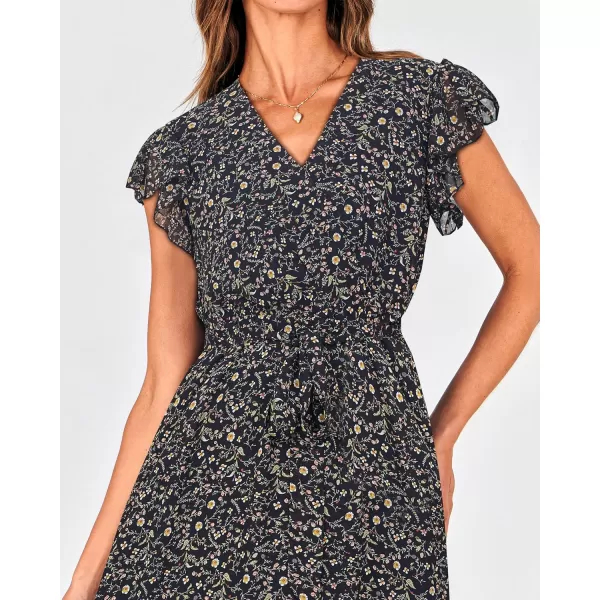 BTFBM Women Summer Bohemian Floral Casual Wrap V Neck Ruffle Cap Sleeveless Belt ALine Pleated Hem Midi Sun Dress WhiteFloral Black