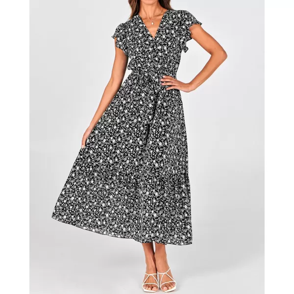 BTFBM Women Summer Bohemian Floral Casual Wrap V Neck Ruffle Cap Sleeveless Belt ALine Pleated Hem Midi Sun Dress WhiteFloral White Black