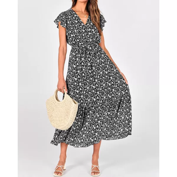 BTFBM Women Summer Bohemian Floral Casual Wrap V Neck Ruffle Cap Sleeveless Belt ALine Pleated Hem Midi Sun Dress WhiteFloral White Black