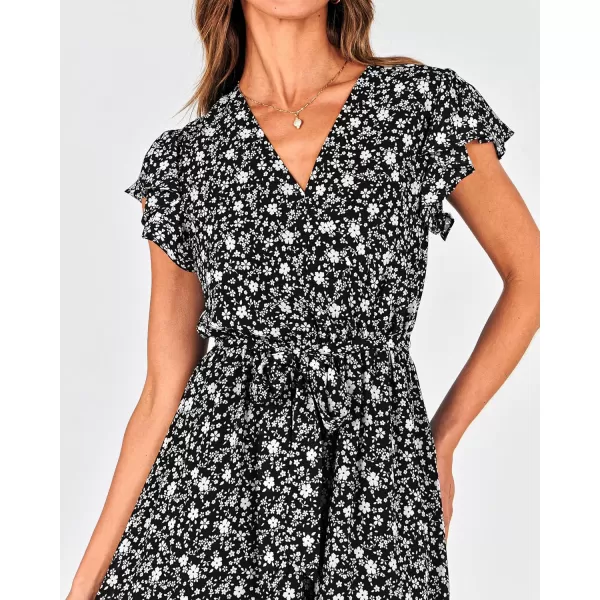 BTFBM Women Summer Bohemian Floral Casual Wrap V Neck Ruffle Cap Sleeveless Belt ALine Pleated Hem Midi Sun Dress WhiteFloral White Black