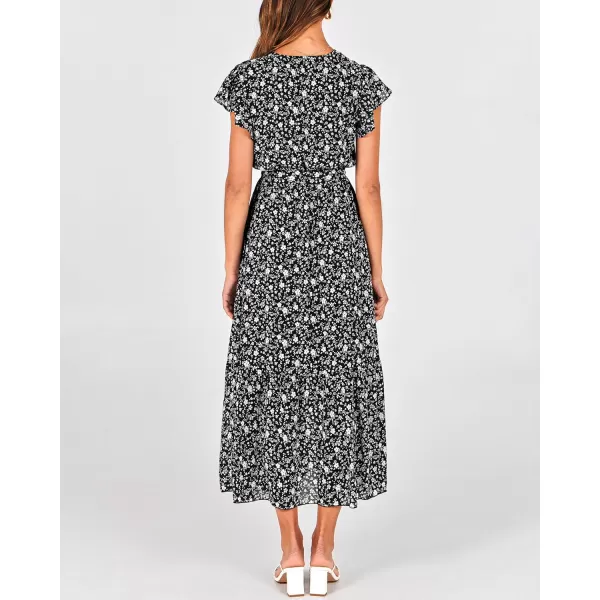 BTFBM Women Summer Bohemian Floral Casual Wrap V Neck Ruffle Cap Sleeveless Belt ALine Pleated Hem Midi Sun Dress WhiteFloral White Black