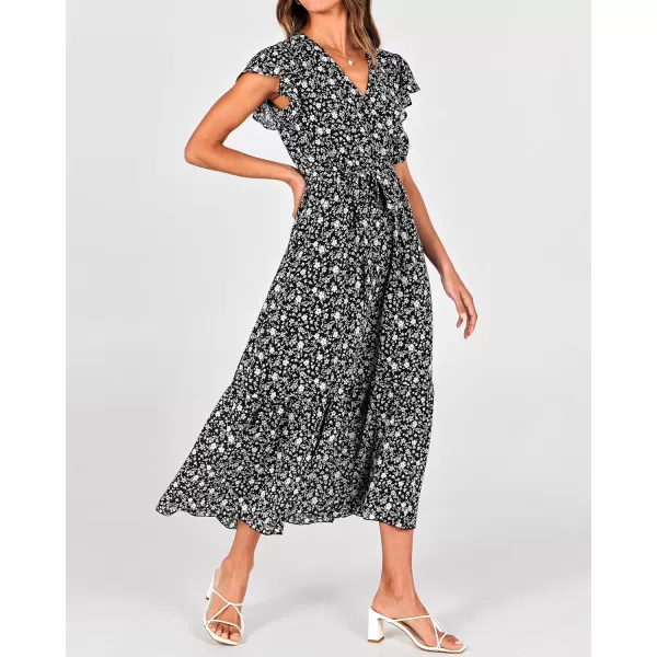 BTFBM Women Summer Bohemian Floral Casual Wrap V Neck Ruffle Cap Sleeveless Belt ALine Pleated Hem Midi Sun Dress WhiteFloral White Black
