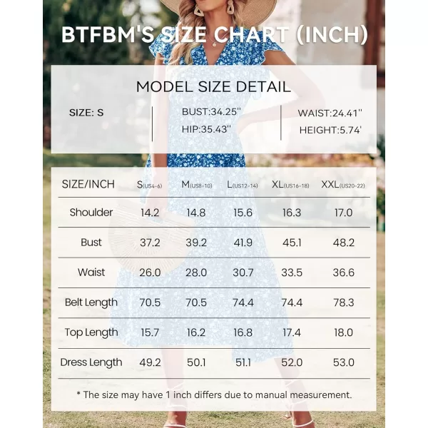 BTFBM Women Summer Bohemian Floral Casual Wrap V Neck Ruffle Cap Sleeveless Belt ALine Pleated Hem Midi Sun Dress WhiteFloral White Blue