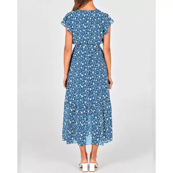 BTFBM Women Summer Bohemian Floral Casual Wrap V Neck Ruffle Cap Sleeveless Belt ALine Pleated Hem Midi Sun Dress WhiteFloral White Blue