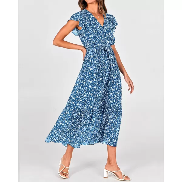 BTFBM Women Summer Bohemian Floral Casual Wrap V Neck Ruffle Cap Sleeveless Belt ALine Pleated Hem Midi Sun Dress WhiteFloral White Blue