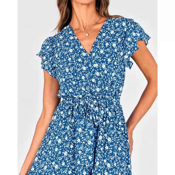 BTFBM Women Summer Bohemian Floral Casual Wrap V Neck Ruffle Cap Sleeveless Belt ALine Pleated Hem Midi Sun Dress WhiteFloral White Blue