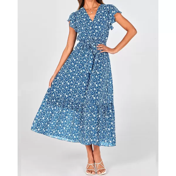 BTFBM Women Summer Bohemian Floral Casual Wrap V Neck Ruffle Cap Sleeveless Belt ALine Pleated Hem Midi Sun Dress WhiteFloral White Blue