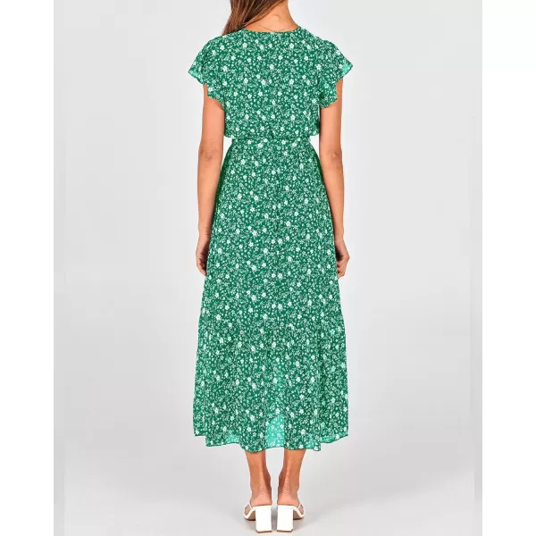 BTFBM Women Summer Bohemian Floral Casual Wrap V Neck Ruffle Cap Sleeveless Belt ALine Pleated Hem Midi Sun Dress WhiteFloral White Green