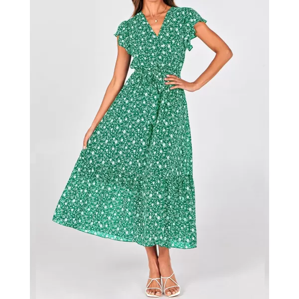 BTFBM Women Summer Bohemian Floral Casual Wrap V Neck Ruffle Cap Sleeveless Belt ALine Pleated Hem Midi Sun Dress WhiteFloral White Green