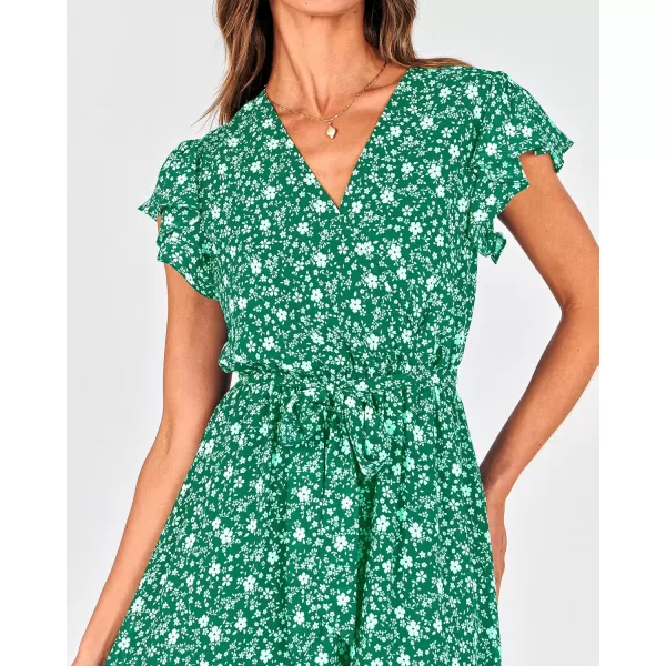 BTFBM Women Summer Bohemian Floral Casual Wrap V Neck Ruffle Cap Sleeveless Belt ALine Pleated Hem Midi Sun Dress WhiteFloral White Green