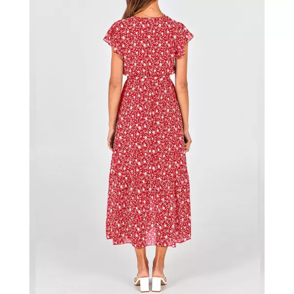 BTFBM Women Summer Bohemian Floral Casual Wrap V Neck Ruffle Cap Sleeveless Belt ALine Pleated Hem Midi Sun Dress WhiteFloral White Red