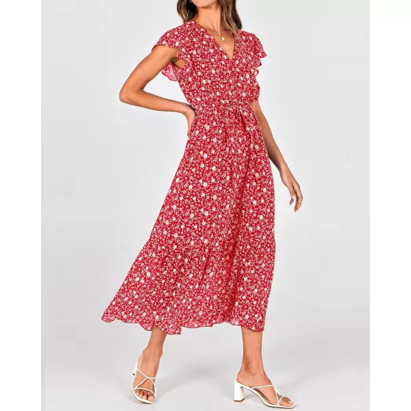 BTFBM Women Summer Bohemian Floral Casual Wrap V Neck Ruffle Cap Sleeveless Belt ALine Pleated Hem Midi Sun Dress WhiteFloral White Red