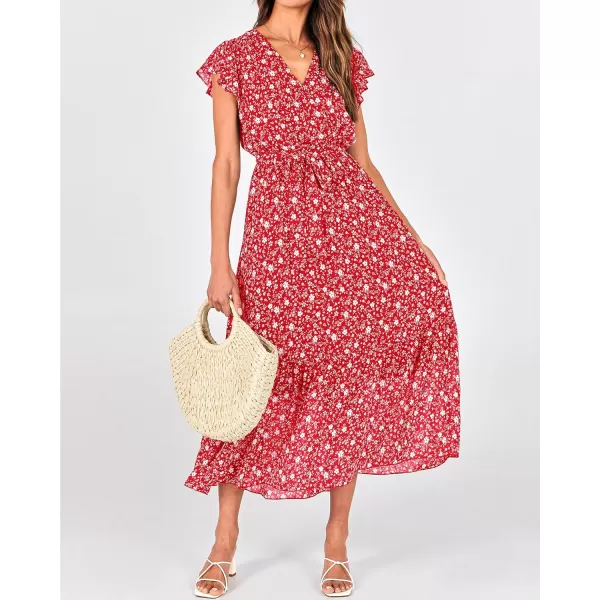 BTFBM Women Summer Bohemian Floral Casual Wrap V Neck Ruffle Cap Sleeveless Belt ALine Pleated Hem Midi Sun Dress WhiteFloral White Red