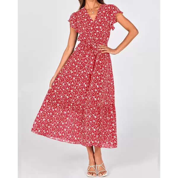 BTFBM Women Summer Bohemian Floral Casual Wrap V Neck Ruffle Cap Sleeveless Belt ALine Pleated Hem Midi Sun Dress WhiteFloral White Red
