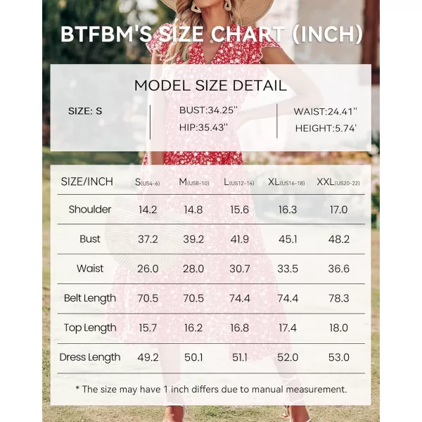 BTFBM Women Summer Bohemian Floral Casual Wrap V Neck Ruffle Cap Sleeveless Belt ALine Pleated Hem Midi Sun Dress WhiteFloral White Red