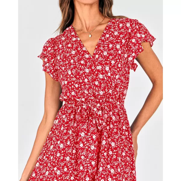 BTFBM Women Summer Bohemian Floral Casual Wrap V Neck Ruffle Cap Sleeveless Belt ALine Pleated Hem Midi Sun Dress WhiteFloral White Red