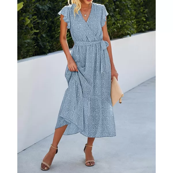 BTFBM Women Summer Bohemian Floral Casual Wrap V Neck Ruffle Cap Sleeveless Belt ALine Pleated Hem Midi Sun Dress WhiteLight Blue