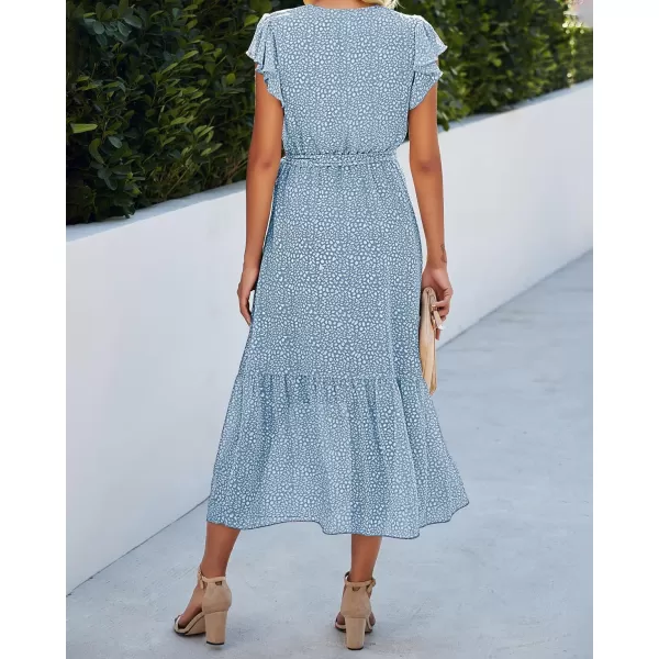 BTFBM Women Summer Bohemian Floral Casual Wrap V Neck Ruffle Cap Sleeveless Belt ALine Pleated Hem Midi Sun Dress WhiteLight Blue
