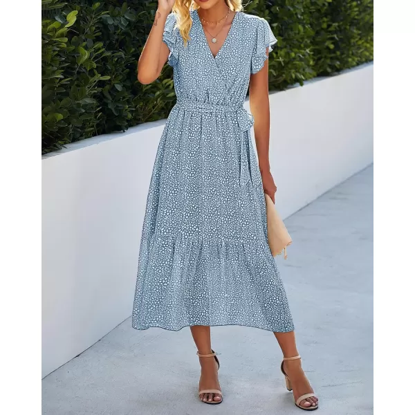 BTFBM Women Summer Bohemian Floral Casual Wrap V Neck Ruffle Cap Sleeveless Belt ALine Pleated Hem Midi Sun Dress WhiteLight Blue