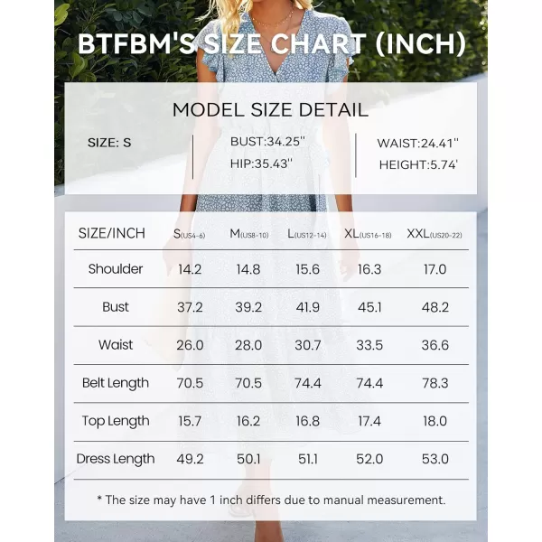 BTFBM Women Summer Bohemian Floral Casual Wrap V Neck Ruffle Cap Sleeveless Belt ALine Pleated Hem Midi Sun Dress WhiteLight Blue