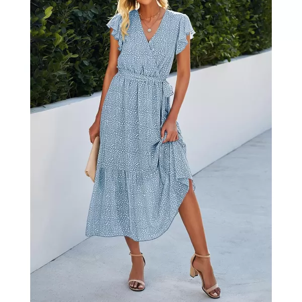 BTFBM Women Summer Bohemian Floral Casual Wrap V Neck Ruffle Cap Sleeveless Belt ALine Pleated Hem Midi Sun Dress WhiteLight Blue