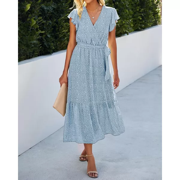 BTFBM Women Summer Bohemian Floral Casual Wrap V Neck Ruffle Cap Sleeveless Belt ALine Pleated Hem Midi Sun Dress WhiteLight Blue