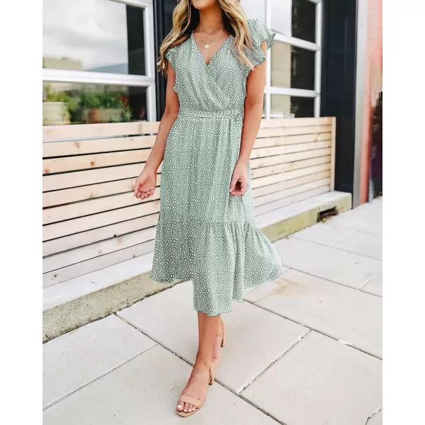 BTFBM Women Summer Bohemian Floral Casual Wrap V Neck Ruffle Cap Sleeveless Belt ALine Pleated Hem Midi Sun Dress WhiteLight Green