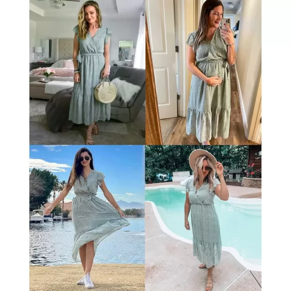 BTFBM Women Summer Bohemian Floral Casual Wrap V Neck Ruffle Cap Sleeveless Belt ALine Pleated Hem Midi Sun Dress WhiteLight Green