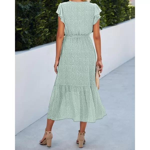 BTFBM Women Summer Bohemian Floral Casual Wrap V Neck Ruffle Cap Sleeveless Belt ALine Pleated Hem Midi Sun Dress WhiteLight Green
